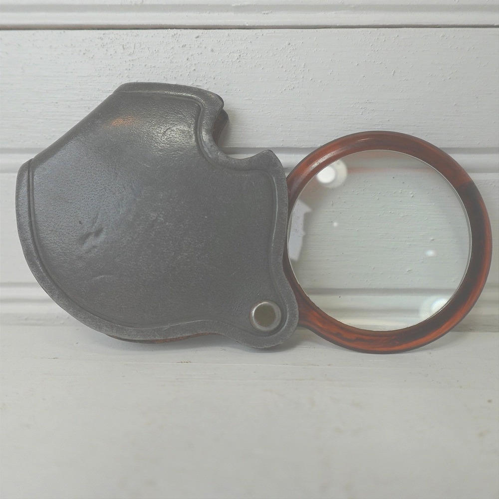 Vintage ATCO Folding Pocket Magnifying Glass USA Gray Leather Case Resin Frame